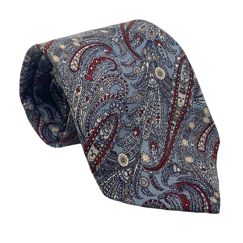 Saks Fifth Avenuel Men's Silk Tie Necktie Blue Red Tan Cream Paisley Floral‎
